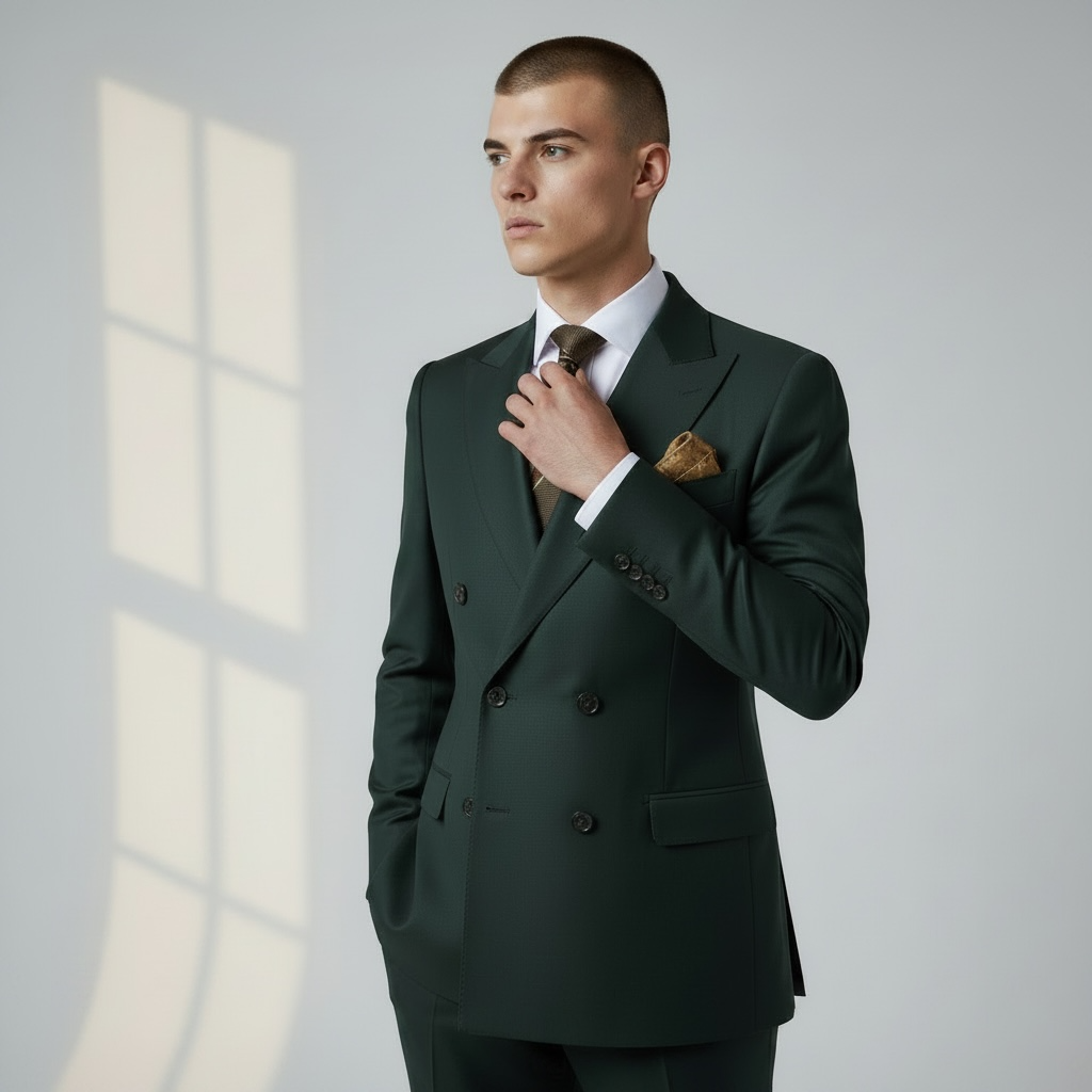 Eleganter 2-teiliger Anzug – Dunkelgrün, Feinstruktur, Italienische Wolle, Doppelreiher