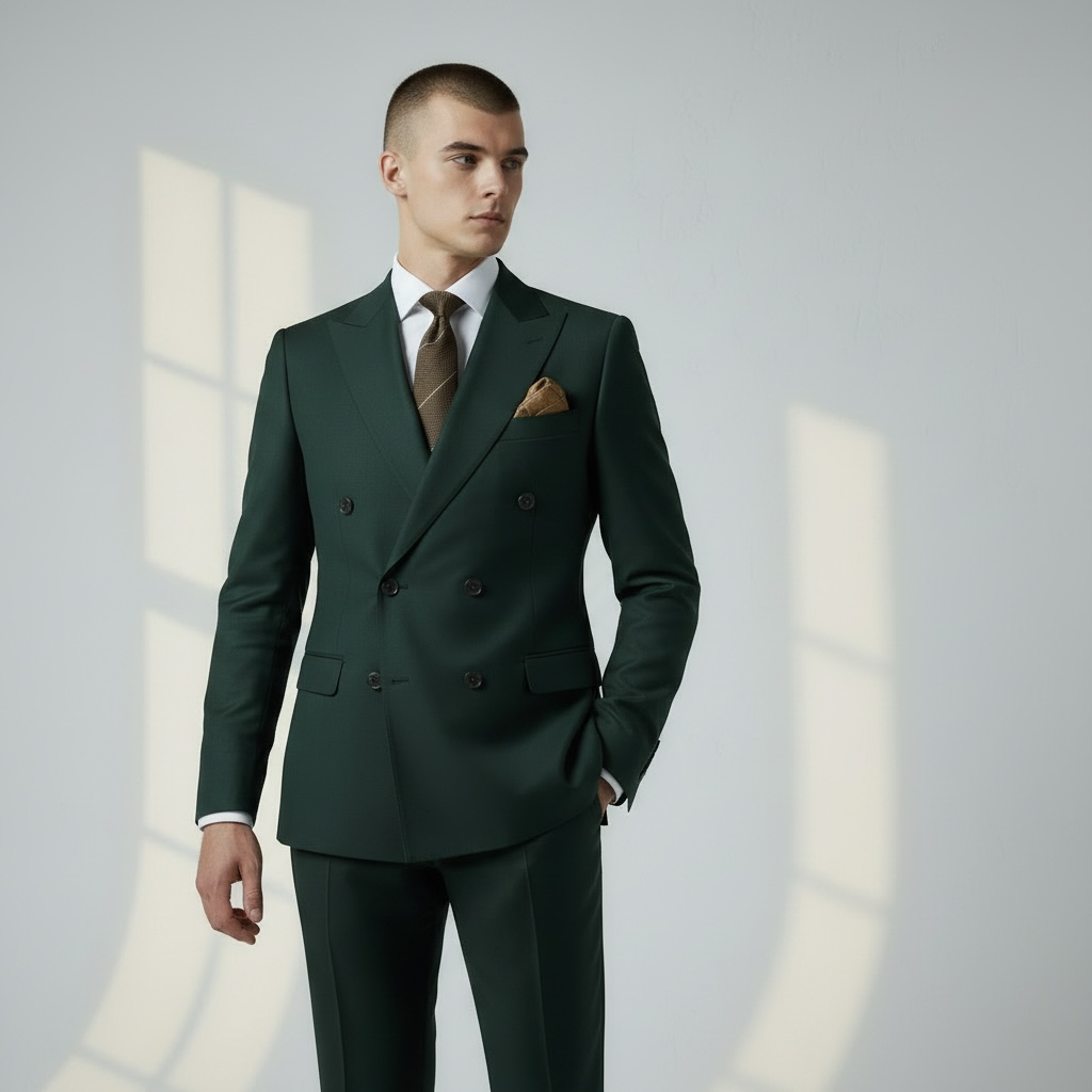 Eleganter 2-teiliger Anzug – Dunkelgrün, Feinstruktur, Italienische Wolle, Doppelreiher