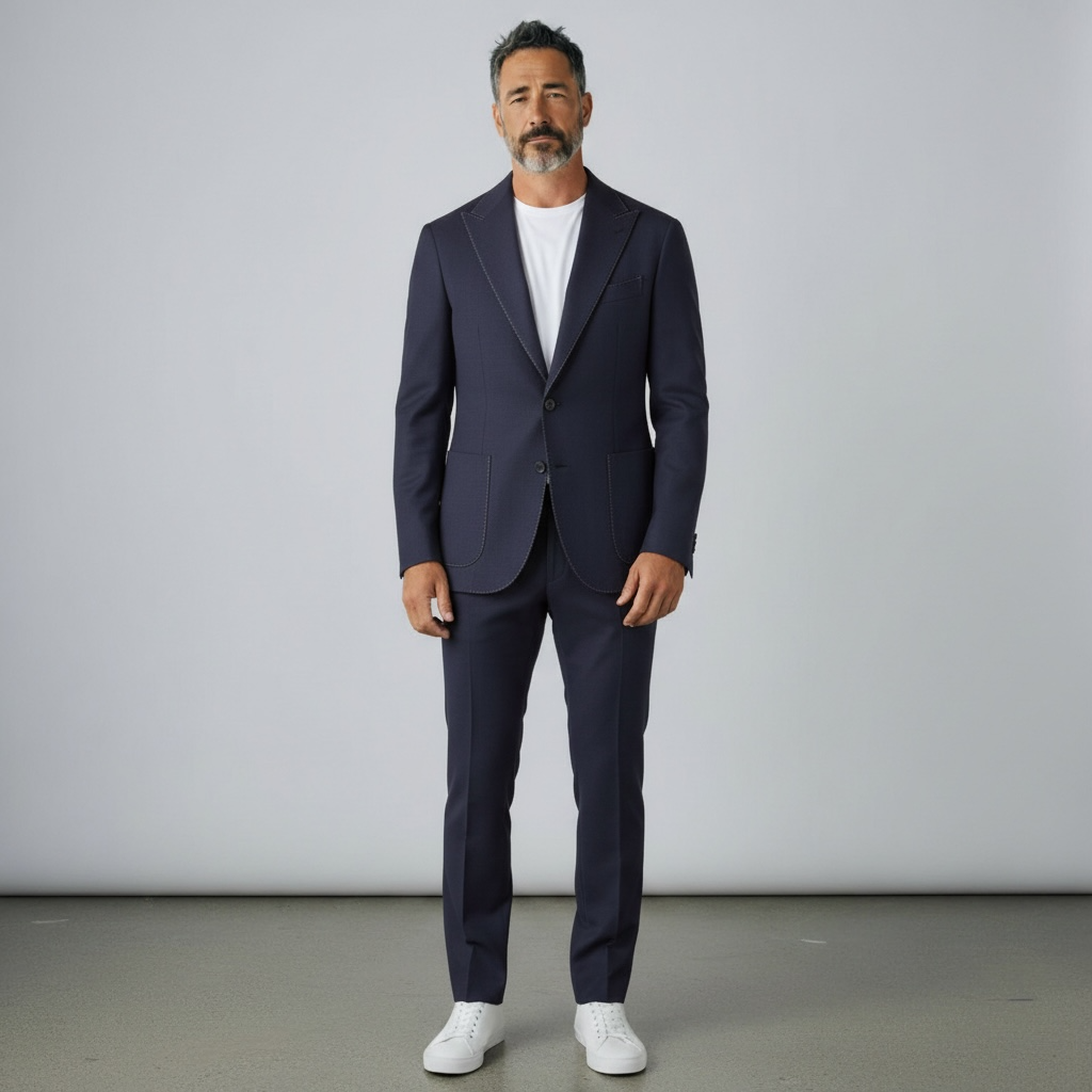 2-teiliger Anzug – Dunkelblau/Navy, Feinstruktur, Italienische Schurwolle, Smart Casual