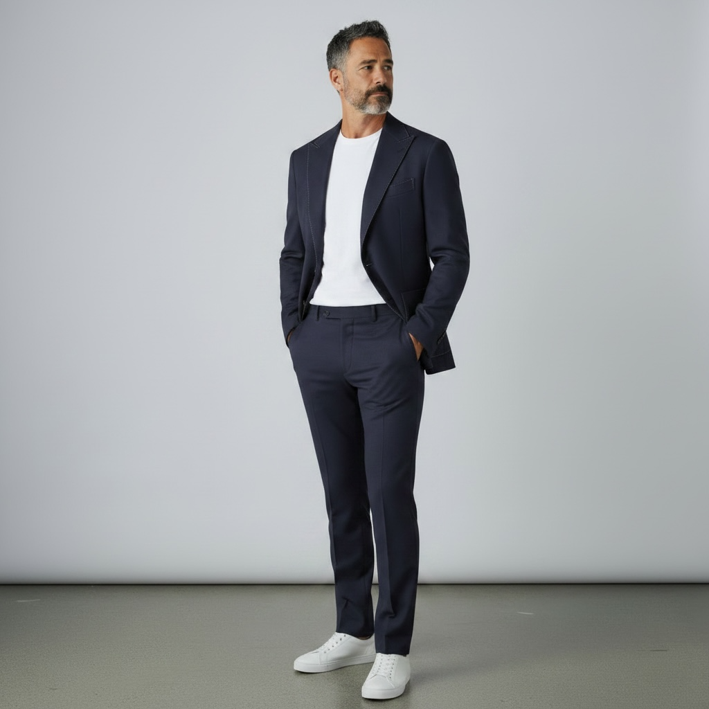 2-teiliger Anzug – Dunkelblau/Navy, Feinstruktur, Italienische Schurwolle, Smart Casual