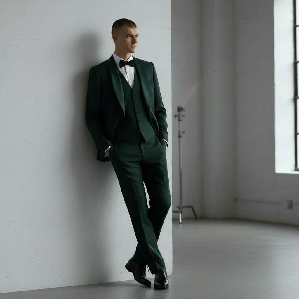 3-teiliger Smoking-Anzug – Smaragdgrün/Dunkelgrün, Satin-Schalkragen, Passende Weste & Fliege