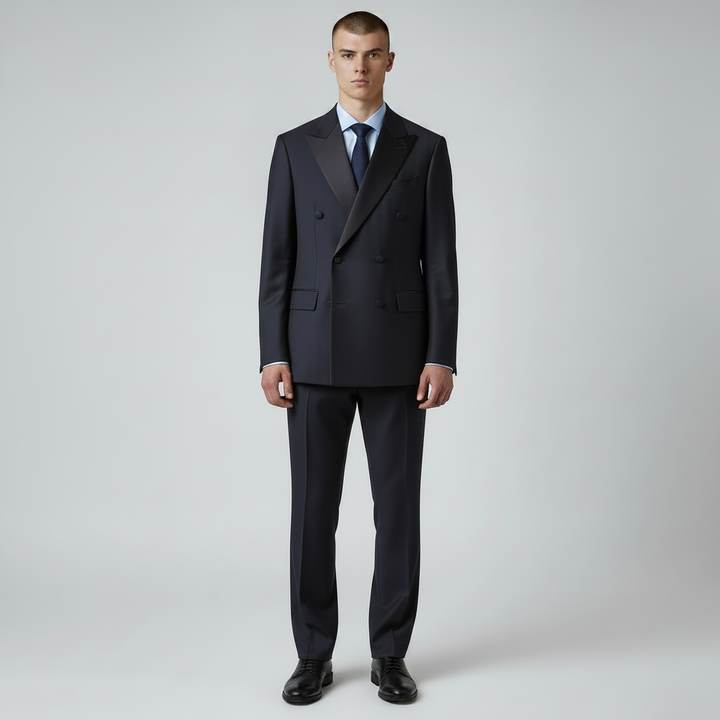 2-teiliger Smoking-Anzug – Dunkelblau/Navy, Satin-Spitzrevers, Doppelreiher, Italienische Schurwolle
