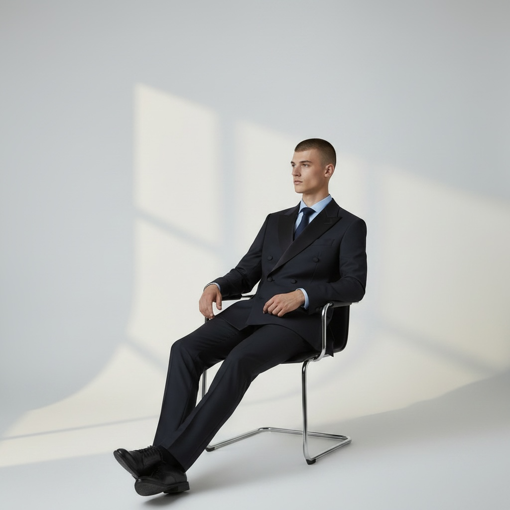 2-teiliger Smoking-Anzug – Dunkelblau/Navy, Satin-Spitzrevers, Doppelreiher, Italienische Schurwolle