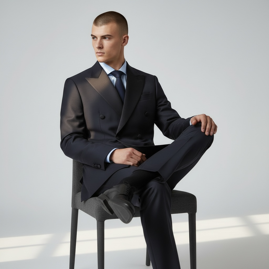 2-teiliger Smoking-Anzug – Dunkelblau/Navy, Satin-Spitzrevers, Doppelreiher, Italienische Schurwolle