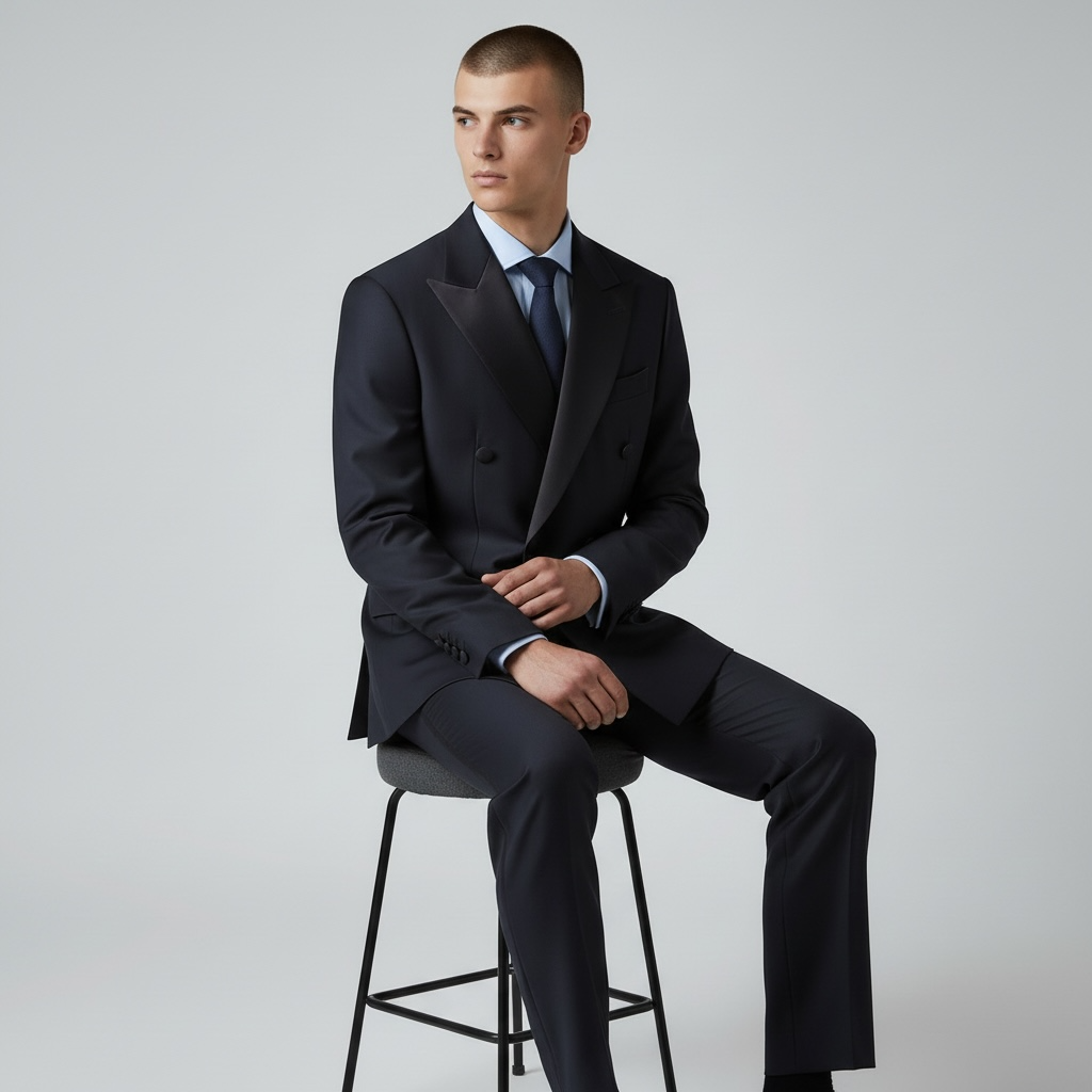 2-teiliger Smoking-Anzug – Dunkelblau/Navy, Satin-Spitzrevers, Doppelreiher, Italienische Schurwolle