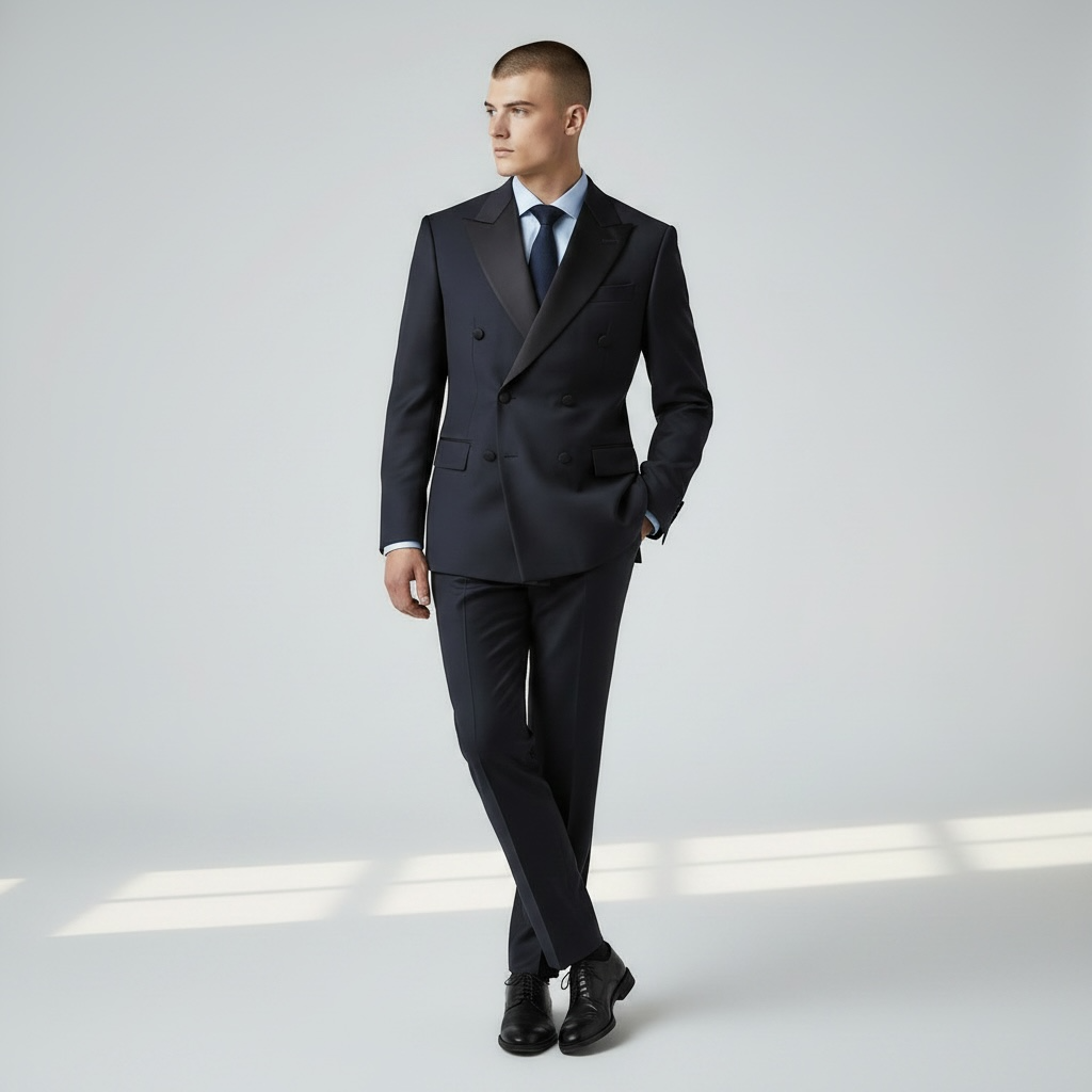 2-teiliger Smoking-Anzug – Dunkelblau/Navy, Satin-Spitzrevers, Doppelreiher, Italienische Schurwolle