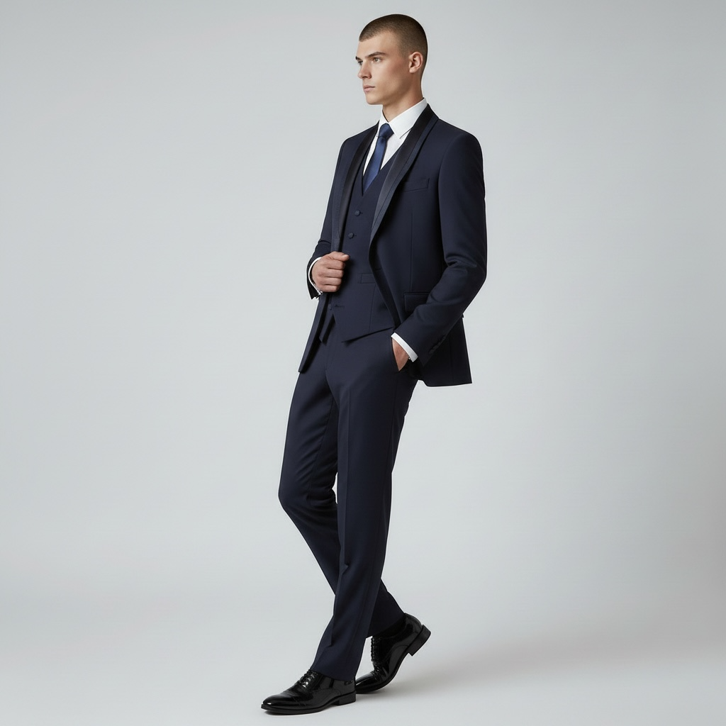 3-teiliger Smoking-Anzug – Midnight Blue/Dunkelblau, Satin-Schalkragen, Passende Weste & Krawatte