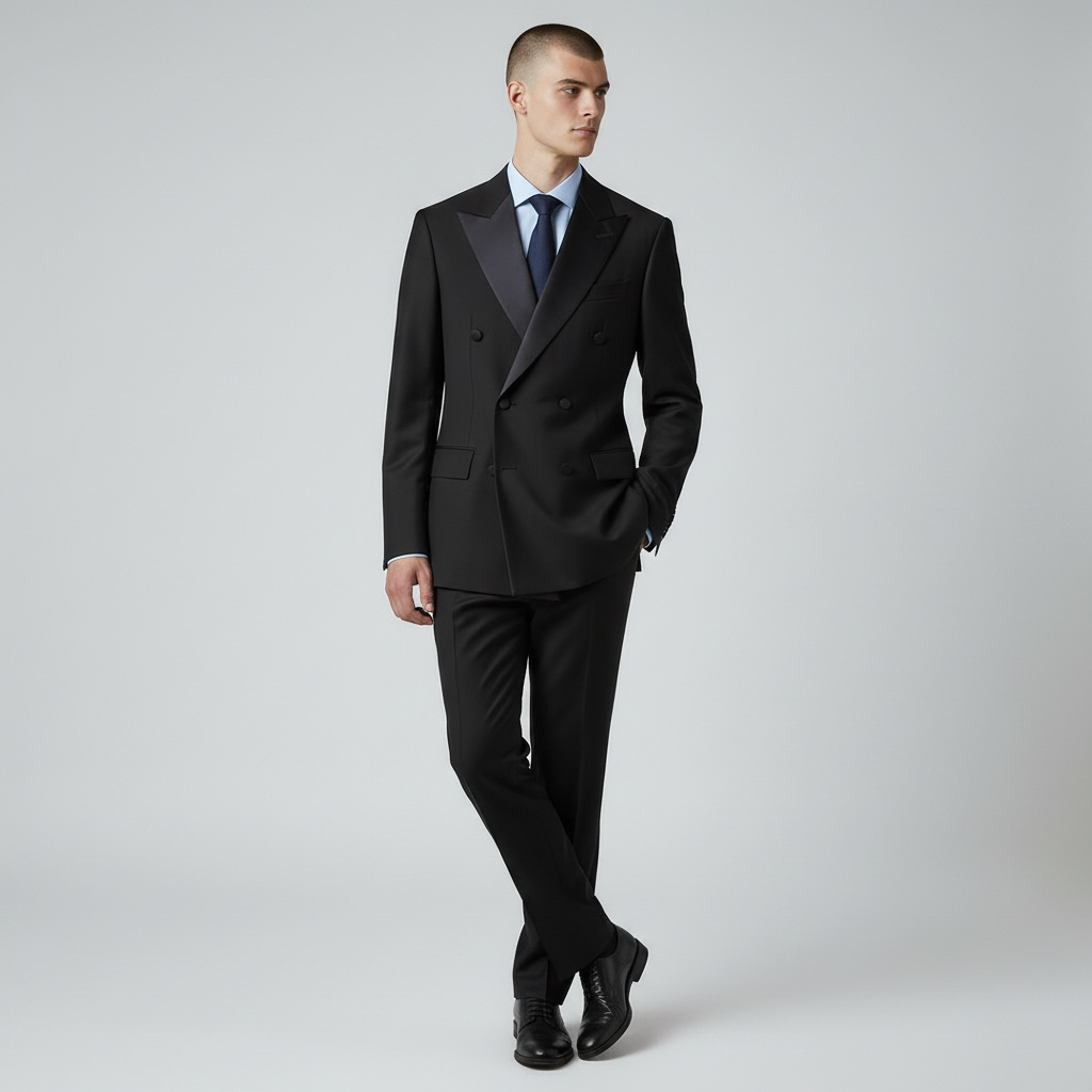 2-teiliger Smoking-Anzug – Klassisches Schwarz, Satin-Spitzrevers, Doppelreiher