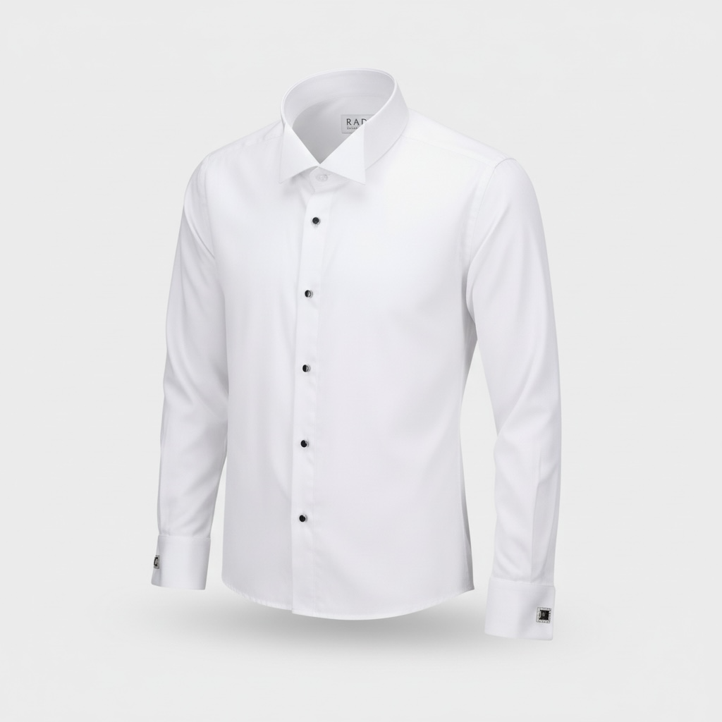 Vorderansicht eines weißen Slim-Fit-Smokinghemds mit langen Ärmeln, Kentkragen, schwarzen Kontrastknöpfen und Umschlagmanschetten.